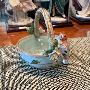 Fitz and Floyd Handcrafted Ceramic Basket with Bird and Flower Accent